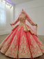 Watermelon Red Ball Gowns Lace Appliques Long Sleeve Wedding Dress
