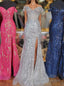 Fuchsia Off-Shoulder Sequined Floral Mermaid Prom Dresses Long with Slit