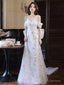 White A-Line Off Shoulder Tulle Long Prom Dresses White Prom Dresses