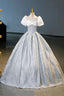 White And Gray Printed Long Ball Gowns Elegant Short Sleeve Prom Gowns