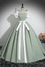 White and Green Floor Length Prom Dress, Lovely A Line Short Sleeve Prom Prom Dress
