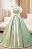 White and Green Long Prom Dress, Lovely A Line Short Sleeve Prom Prom Dress