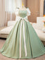 White And Green Satin Long Prom Dress, A-Line Short Sleeve Evening Party Dress
