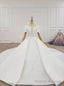 White Ball Gown Satin Puff Sleeve Wedding Dress With Long Train
