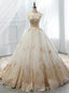 White Ball Gowns Tulle Gold Lace Appliques High Neck Wedding Dress