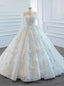 White Ball Gown Tulle Long Sleeve Beading Sequins 3D Flower Wedding Dress