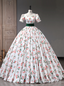 White Cherry Print Short Sleeve Quinceanera Dress