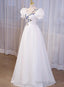 White High Neckline A Line Short Sleeves Prom Dress, White Long Formal Dress