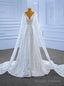 White Lace Deep V Neck Beading Long Sleeve Wedding Dress