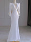 White Long Sleeve V Neck Backless Wedding Dress
