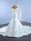 White Mermaid Satin Off the Shoulder Pearls Wedding Dress