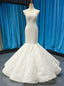 White Mermaid Satin Sequins Appliques V Neck Backless Wedding Dress