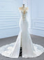 White Mermaid Satin Tulle V Neck Appliques Beading Wedding Dress With Split