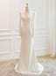 White Mermaid V Neck Long Sleeve Backless Wedding Dress