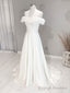 White Off Shoulder Flowers Long Wedding Dress, White Beach Wedding Dress