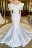 White Off-The-Shoulder Bow Trumpet Long Wedding Dress Pure Color