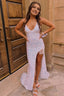 White Prom Dress Mermaid Sequins Asymmetrical Long Prom Dress with Slit