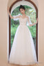 White Puff Sleeves Tulle Party Dress, A-Line Lace Scoop Neckline Evening Dress