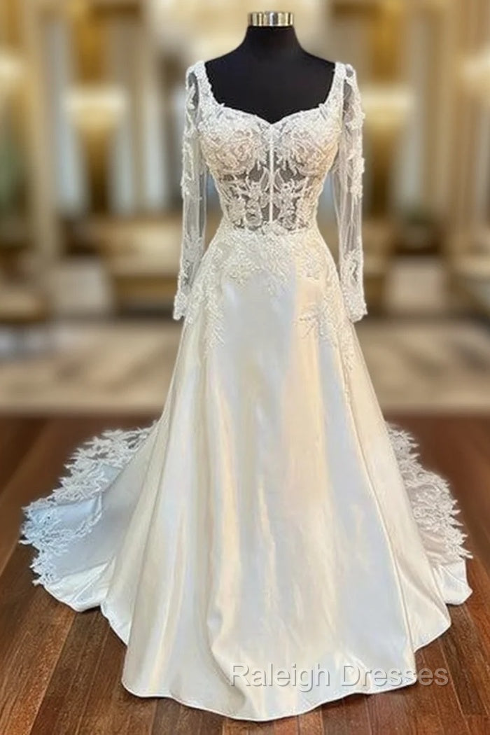 White Queen Anne Long Sleeve A-Line Wedding Dress Beautiful – Raleigh
