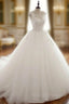 White Round Neck Tulle Lace Applique Long Wedding Dress, White Evening Dress