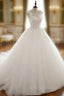 White Round Neck Tulle Lace Applique Long Wedding Dresses White Prom Dresses