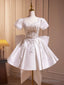 White Satin Beaded Knee Length Prom Dress, Cute A-Line Short Sleeve Party Dress With Bow