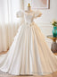 White Satin Puff Sleeve Backless Flower Wedding Dress