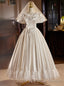 White Satin Puff Sleeve Bow Wedding Dress