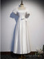 White Satin Square Puff Sleeve Bow Prom Dress