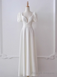 White Satin Square Puff Sleeve Pleats Pearls Wedding Dress