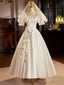 White Satin Tea Length Prom Dresses With Lace Retro A-Line Prom Dresses