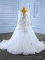 White See Through Tulle V-neck Long Sleeve Appliques Wedding Dress