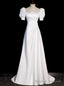 White Short Sleeve Square Neck Pleats Wedding Dress