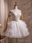 White Spaghetti Strap Tulle Beaded Short Prom Dresses Cute A-Line Prom Dresses