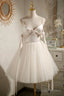 White Spaghetti Straps V Neck Tulle Short Homecoming Dress with Bow