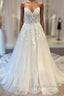 White Sweetheart A-Line Wedding Dress Tulle Lace Bridal Dress With Sweep Train Off Shoulder Elegant
