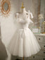 White Sweetheart Neck Tulle Lace Short Formal Prom Dress, White Tulle Formal Dress