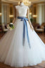 White Tulle Lace Long Pom Dresses White Tulle Wedding Dresses