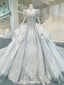 White Tulle Lace Long Sleeve Beading Wedding Dress With Long Train