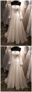 White Tulle Off Shoulder Long Sleeve See Through A-Line Wedding Dresses Long Prom Dresses