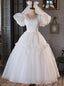 White Tulle Puff Sleeve Pleats Wedding Dress