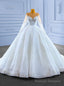White Tulle Sequins Long Sleeve Beading Illusion Neck Wedding Dress