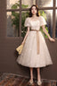 White Tulle Short Sleeve Prom Dress, Cute A-Line Party Homecoming Dress