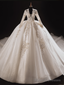 White Tulle V Neck Long Sleeve Beading Wedding Dress