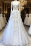White V Neck Lace Tulle Long Wedding Dress, Lace Prom Dress