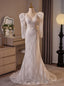 White V Neck Long Sleeve Lace Wedding Dress