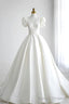 White V Neck Satin Long Prom Dress, A Line Short Sleeve Formal Dress