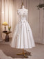 White V Neck Satin Tea Length Prom Dress, White Formal Dress With Beading