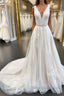 White v neck tulle lace long prom dress, lace evening dress