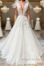 White V Neck Tulle Lace Long Wedding Dress
